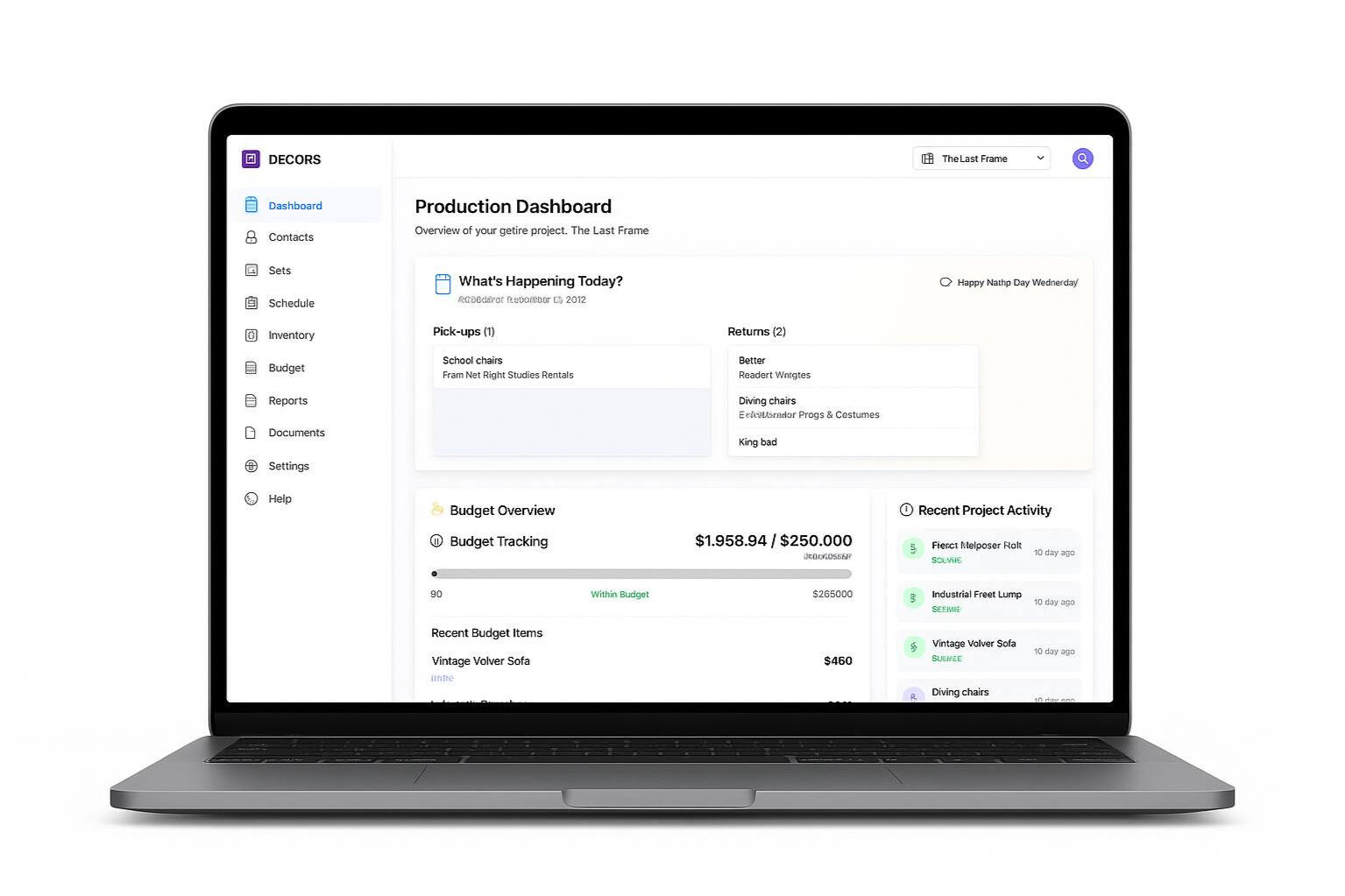 DECORS budget tracking interface showing expense categories and real-time totals